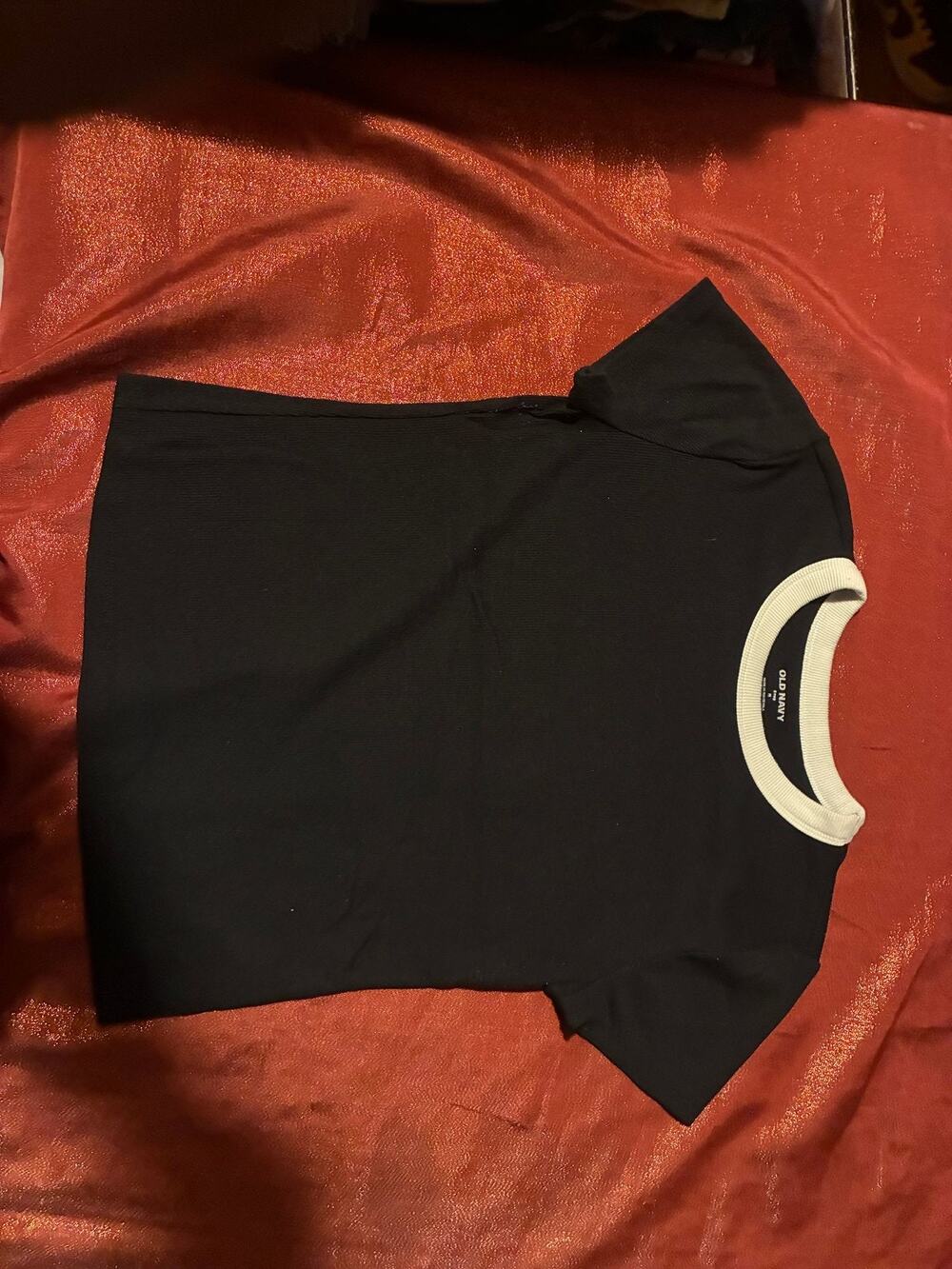 Old Navy Shirt Womens M Black White Contrast Rib Collar Crewneck Short Sleeve